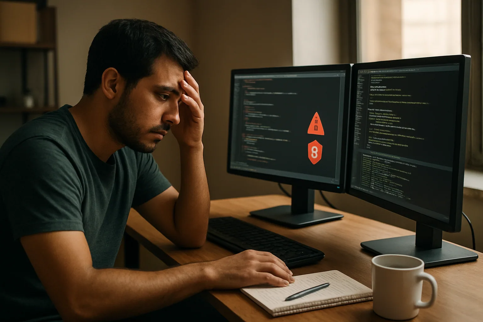 Un desarrollador revisa en una pantalla de escritorio varias alertas de seguridad mientras un asistente de código con IA está abierto en su editor.