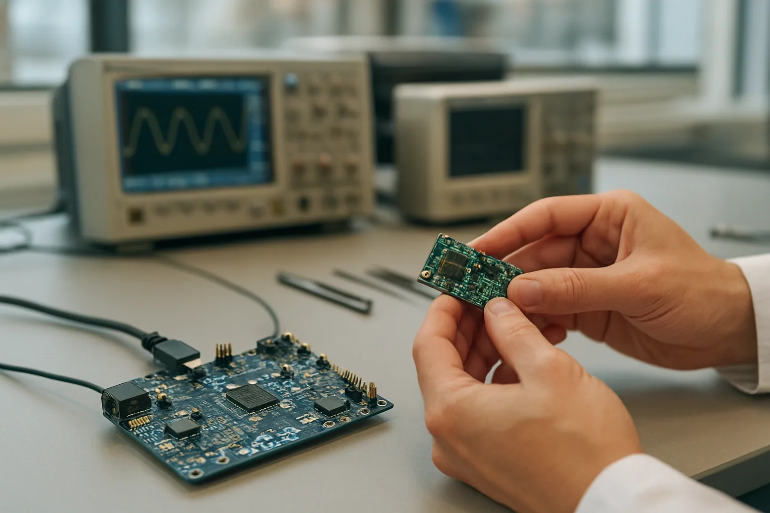 Una placa de desarrollo con un chip RISC-V montado sobre una mesa de laboratorio, junto a una mano sosteniendo un prototipo de dispositivo embebido y herramientas de electrónica alrededor.