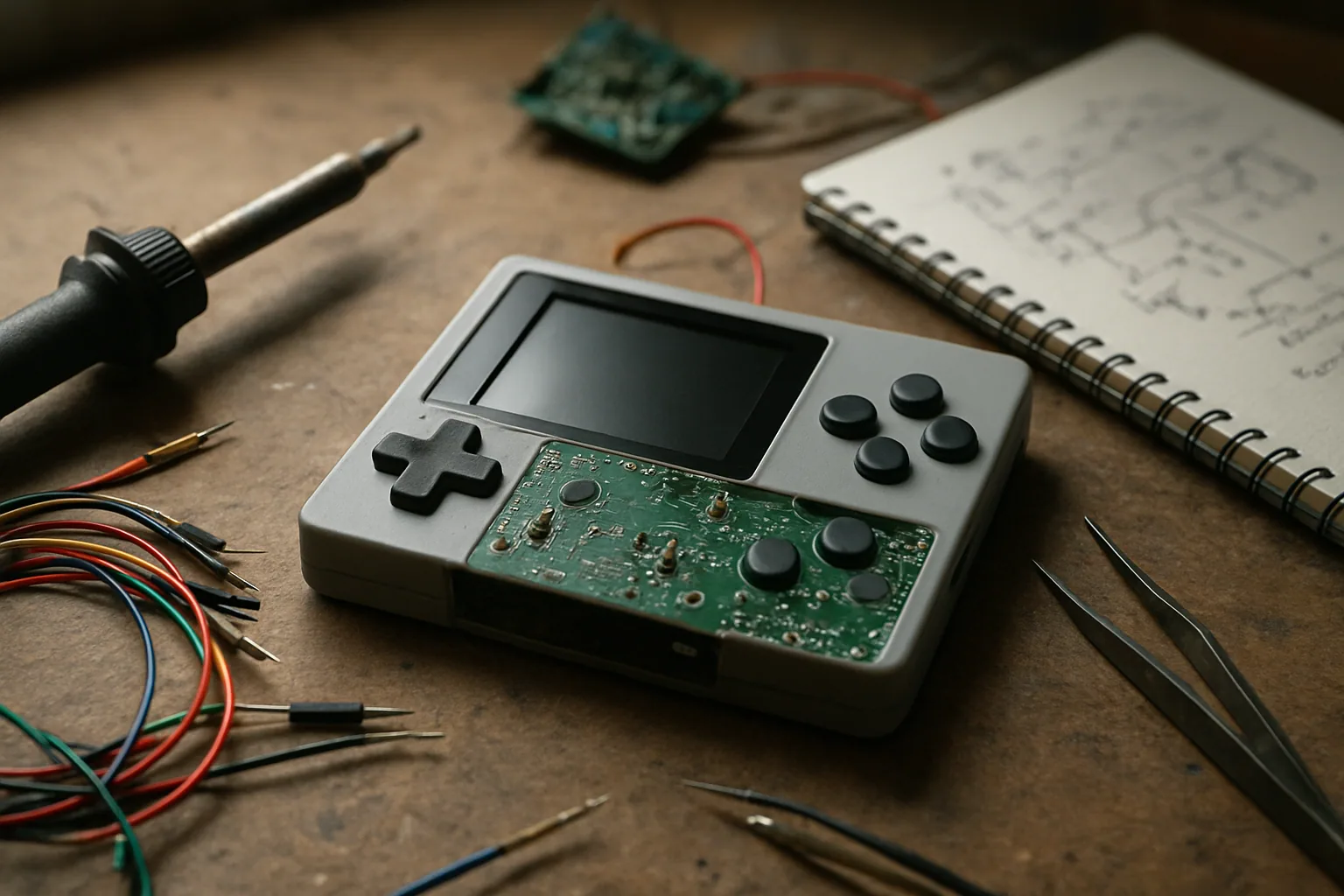 Una consola portátil RISCBoy apoyada sobre una mesa de trabajo, junto a herramientas de electrónica, cables y una placa de desarrollo.