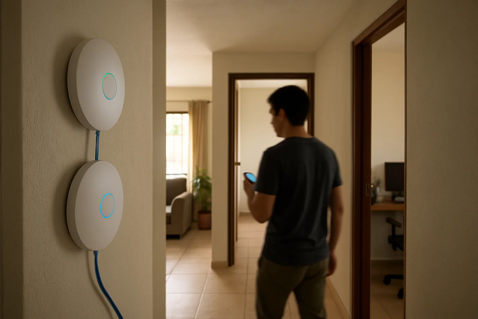 Dos puntos de acceso Wi‑Fi montados en una pared interior de una casa, con cables Ethernet visibles y una persona usando un teléfono mientras camina entre habitaciones.