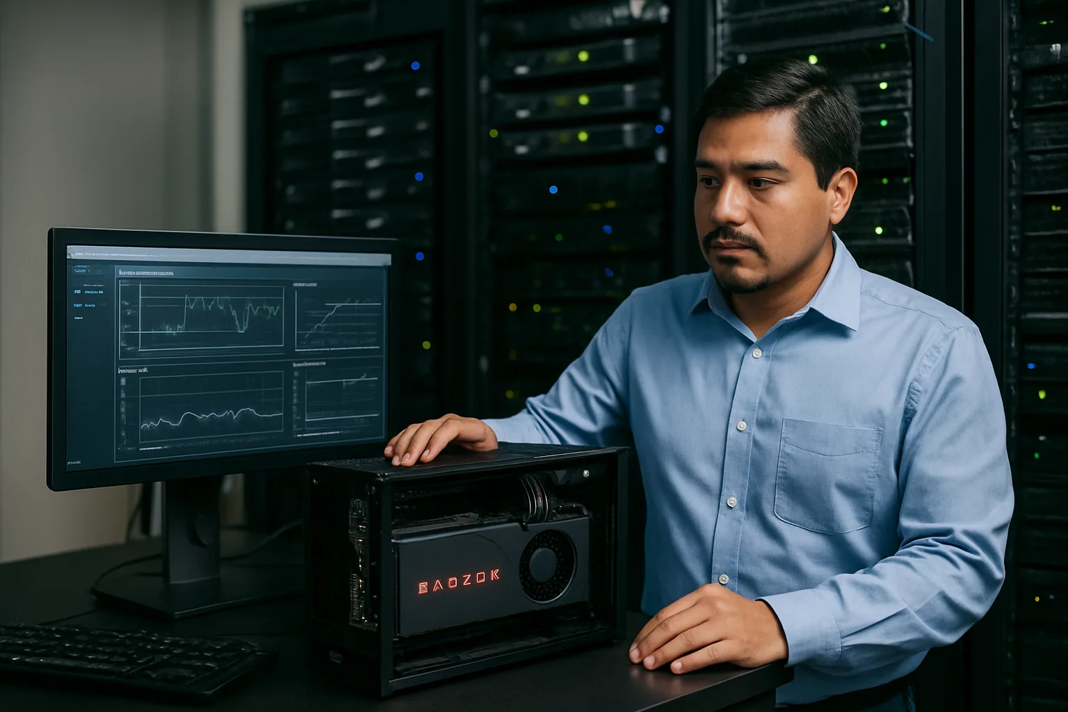 Una tarjeta gráfica AMD Radeon montada en un equipo de escritorio junto a un monitor con gráficos de entrenamiento de IA y un ingeniero revisando métricas de rendimiento.