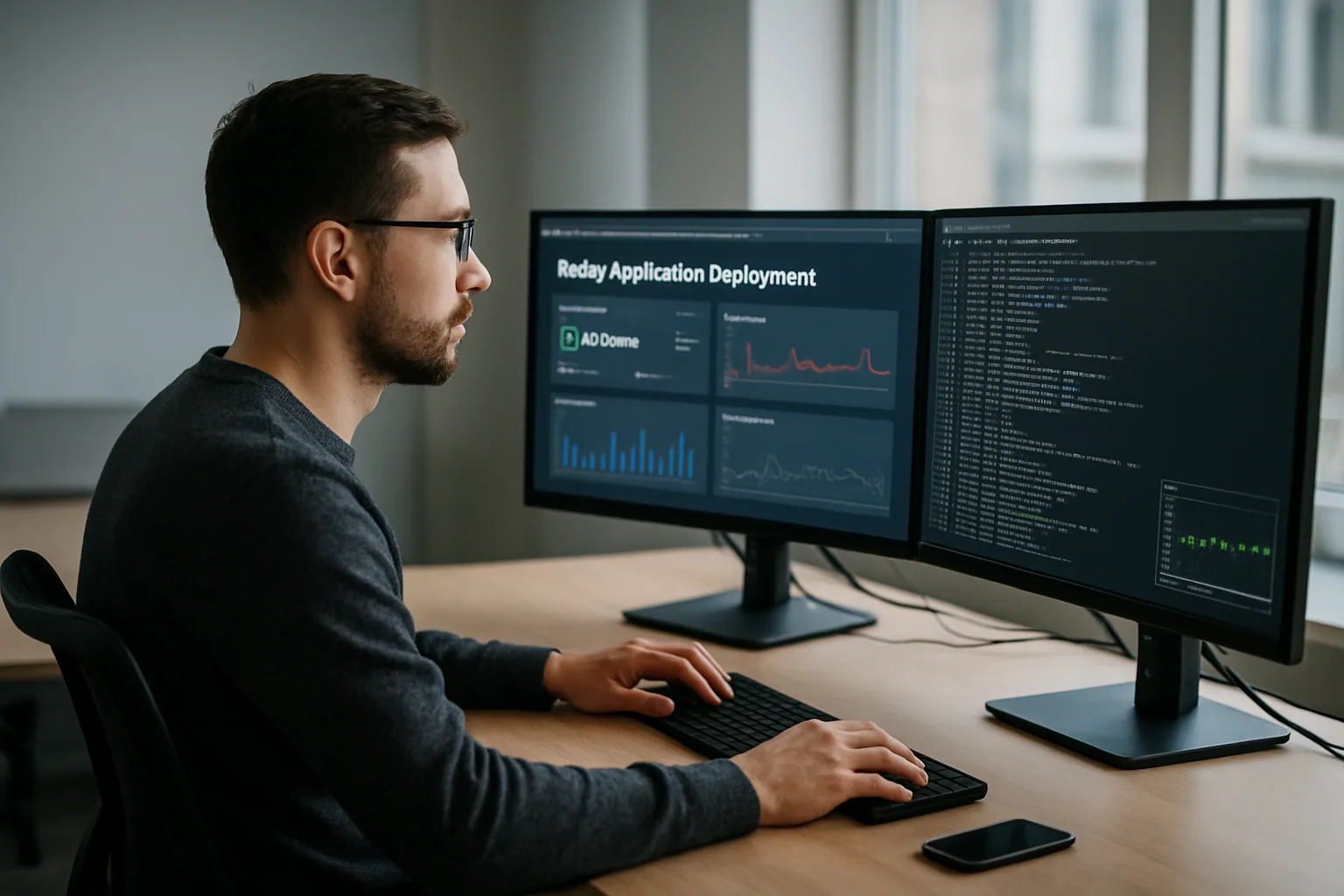 Un desarrollador revisa en una pantalla de oficina el despliegue de una aplicación Ruby mientras se ven métricas de rendimiento en un monitor al lado.