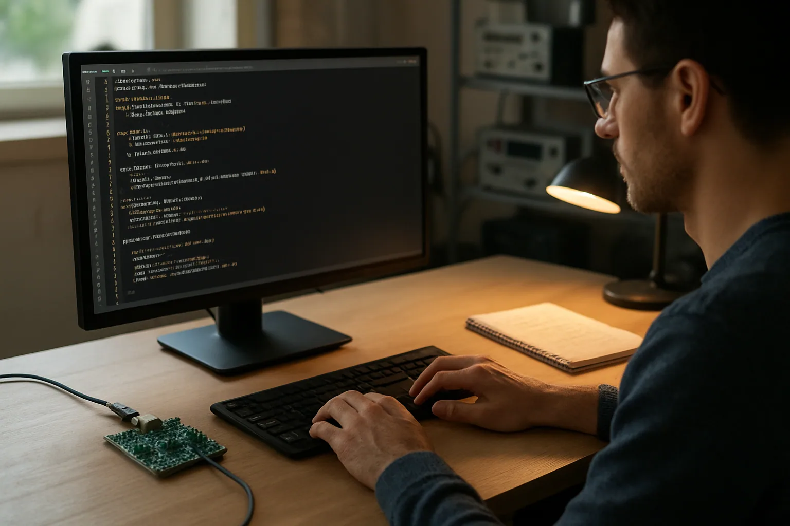 Una persona revisa código de Rust en una pantalla de escritorio junto a una placa de desarrollo y una libreta técnica en una mesa de trabajo.
