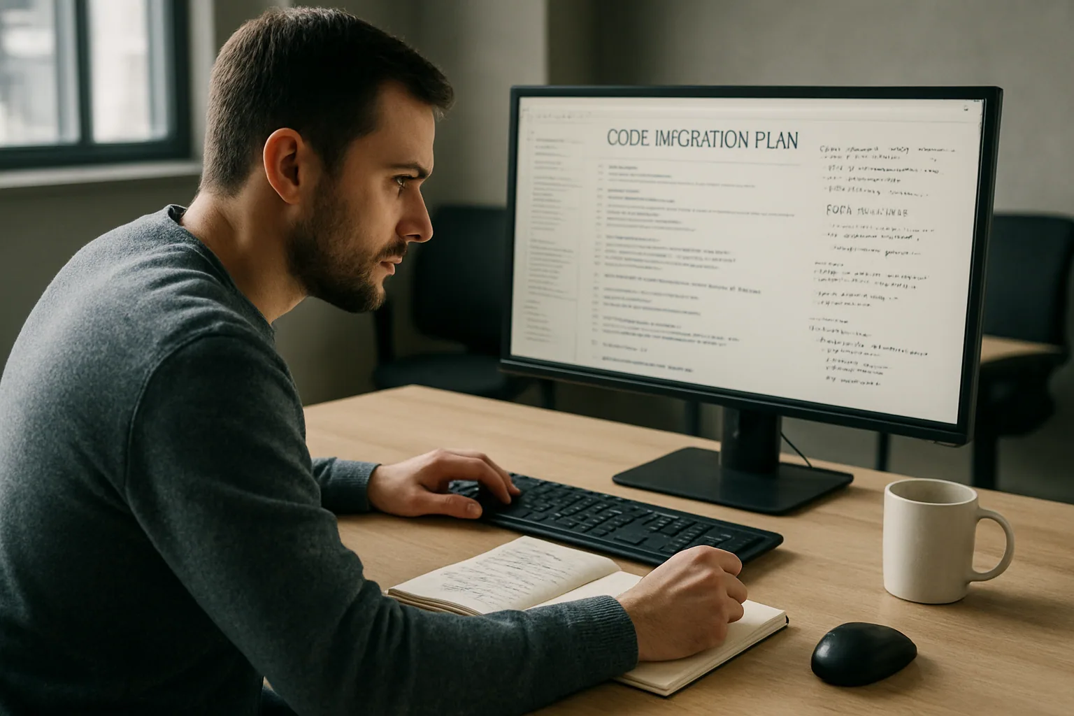 Una persona revisa código en una pantalla de escritorio dentro de una oficina técnica, con notas de migración y un cuaderno abierto sobre la mesa.