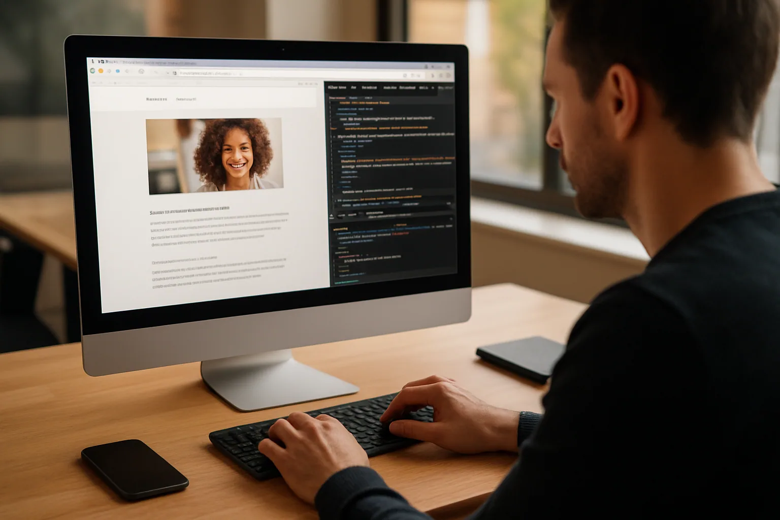 Una persona desarrolla y depura una web en Safari mientras revisa herramientas de automatización y diagnóstico en una oficina moderna.