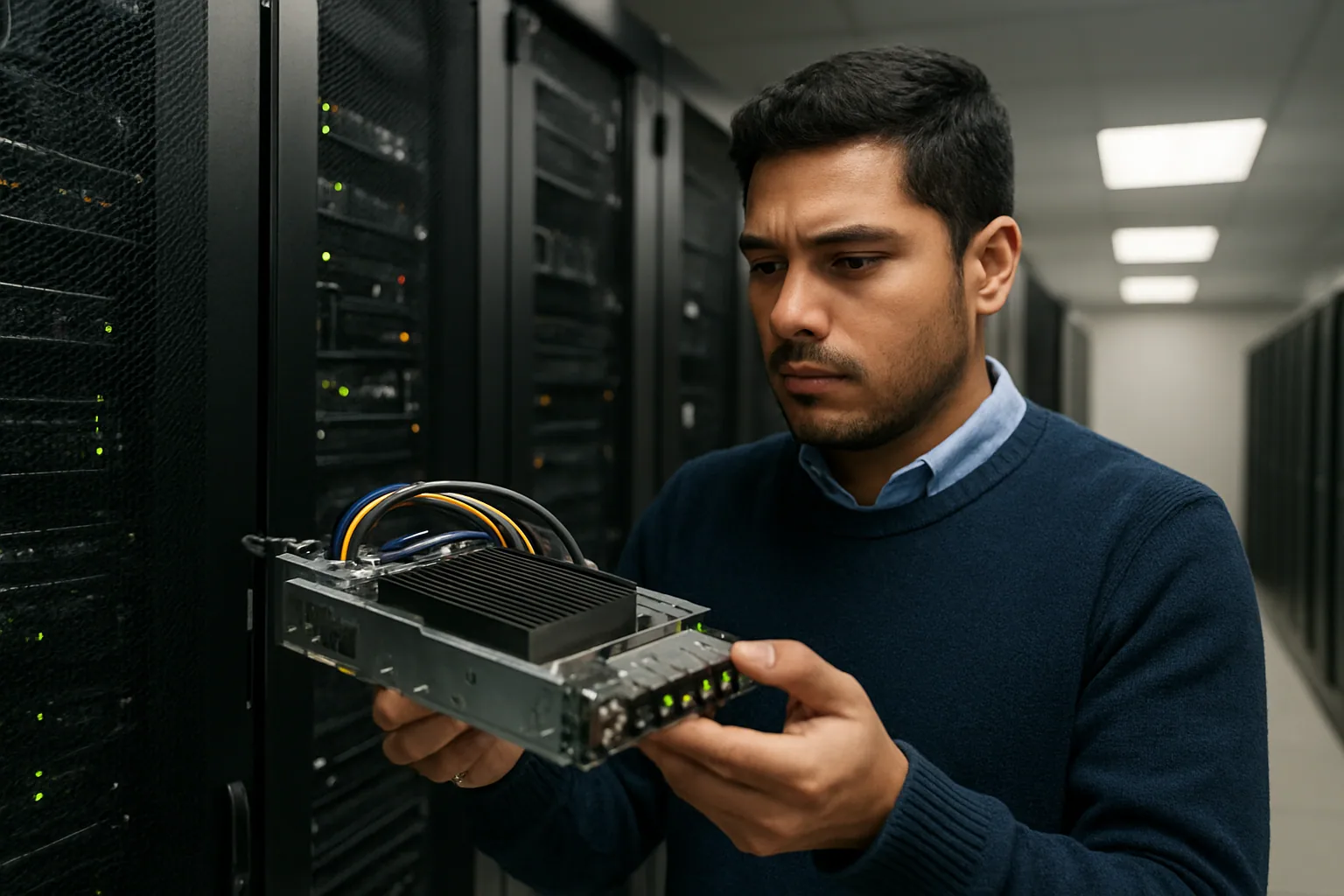 Una sala de servidor empresarial con racks de cómputo y un técnico revisando hardware de IA en un centro de datos.