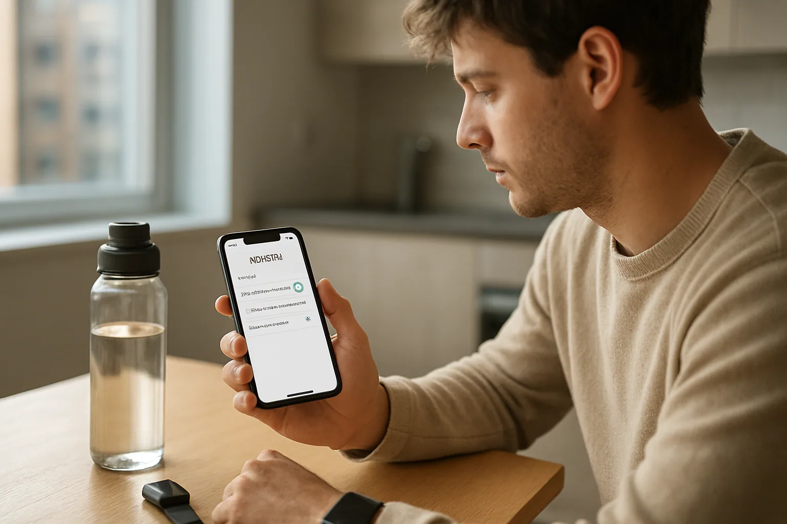 Persona revisando la app Samsung Health en un teléfono móvil mientras aparece una pantalla de configuración de privacidad y consentimiento de datos.