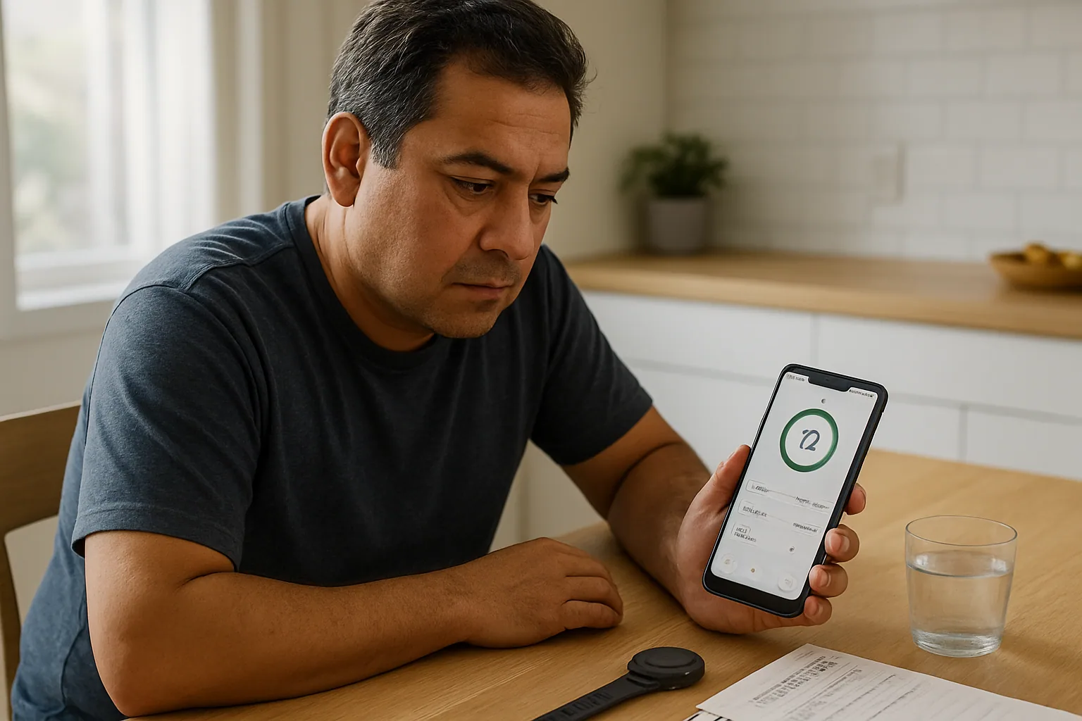 Una persona revisa en su teléfono la app de Samsung Health mientras aparecen gráficos de actividad y salud en pantalla, con una mesa y objetos cotidianos al fondo.