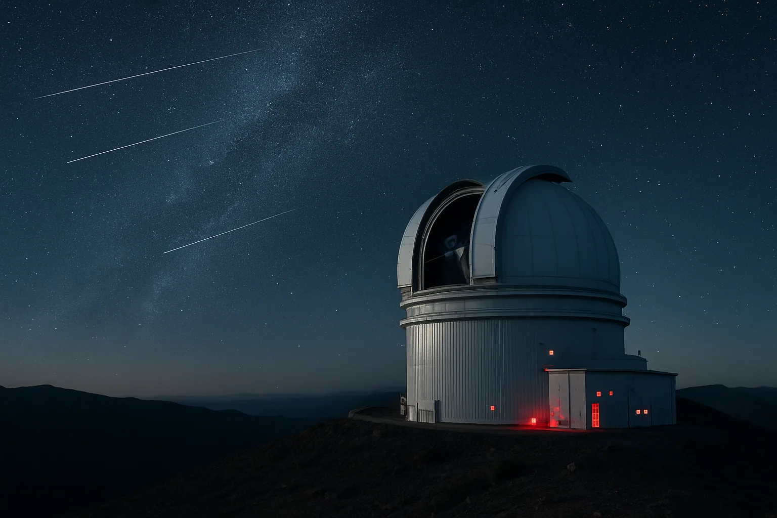 Un telescopio astronómico apunta al cielo nocturno mientras una fila de satélites cruza el fondo sobre un observatorio en una montaña.