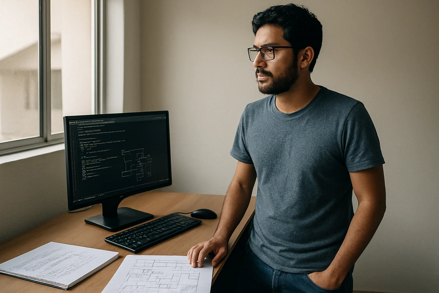 Una persona técnica revisa una terminal con un binario compilado y una pizarra con flujo de TypeScript, en un escritorio de trabajo real.
