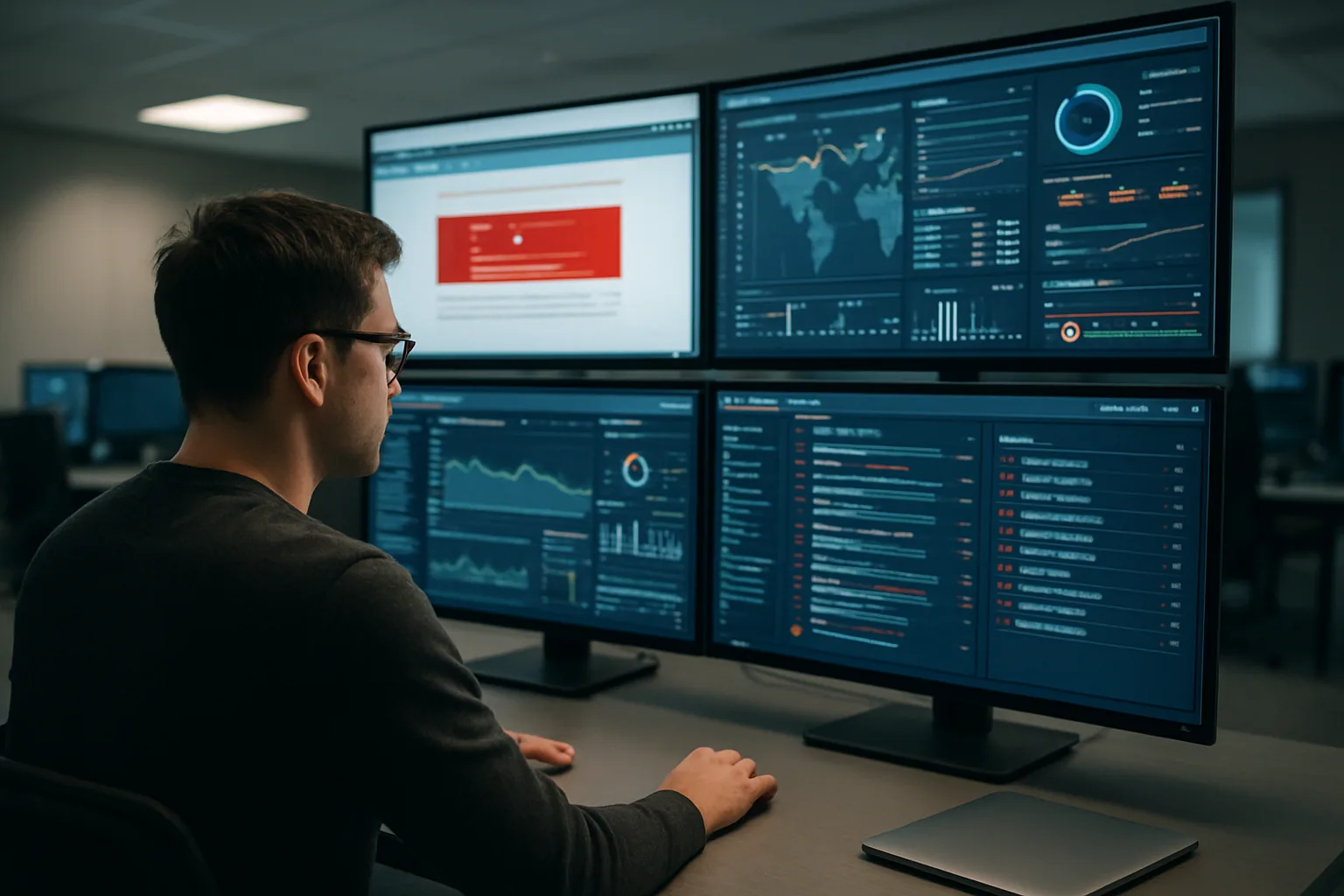 Una analista de ciberseguridad revisa en una sala de operaciones corporativa varias sesiones de navegador activas en monitores grandes mientras supervisa accesos y alertas de agentes de IA.
