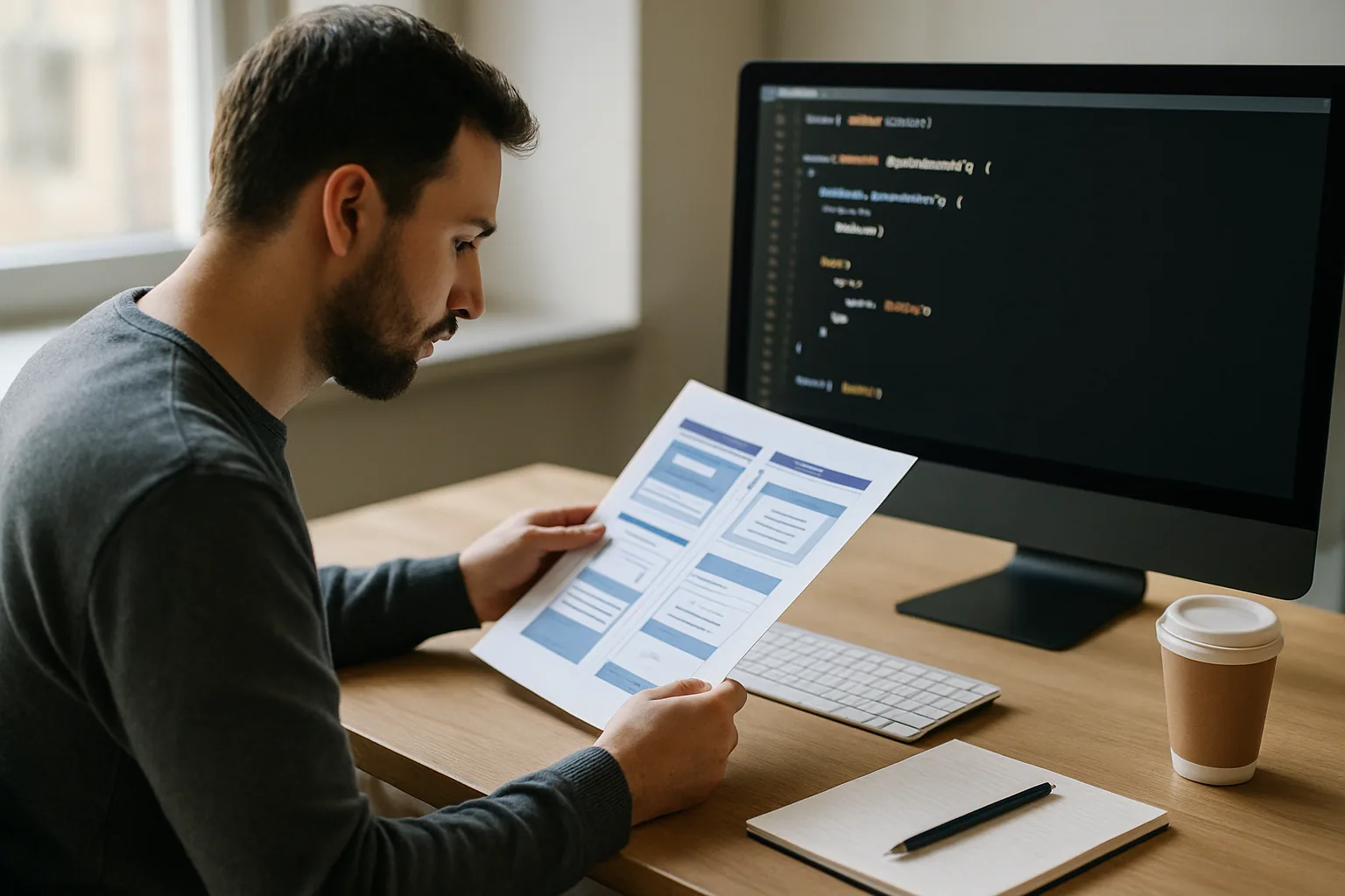 Una persona revisa en una pantalla de escritorio código de componentes React y documentación técnica sobre una mesa de trabajo.