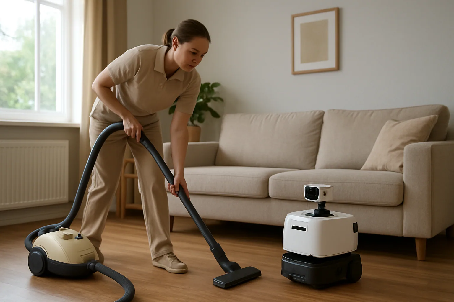 Una persona limpia una sala de estar mientras un robot móvil registra la escena en una casa moderna.