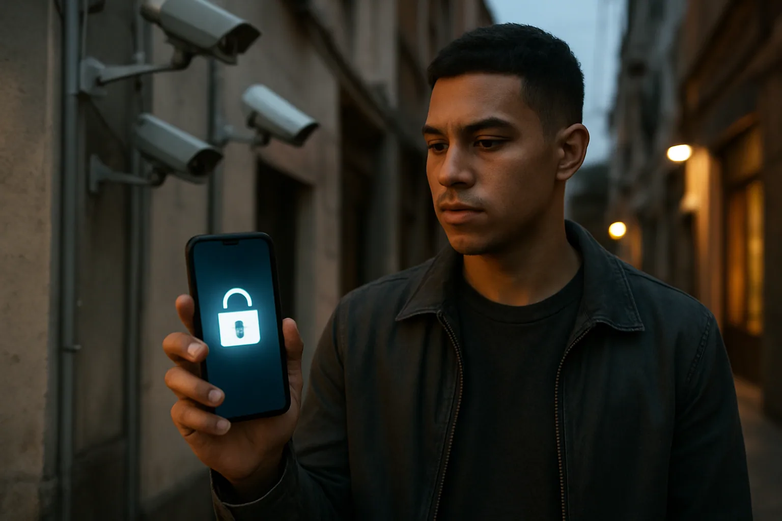 Una persona revisa en su teléfono la app Signal mientras detrás se ve una calle urbana con cámaras de seguridad visibles.