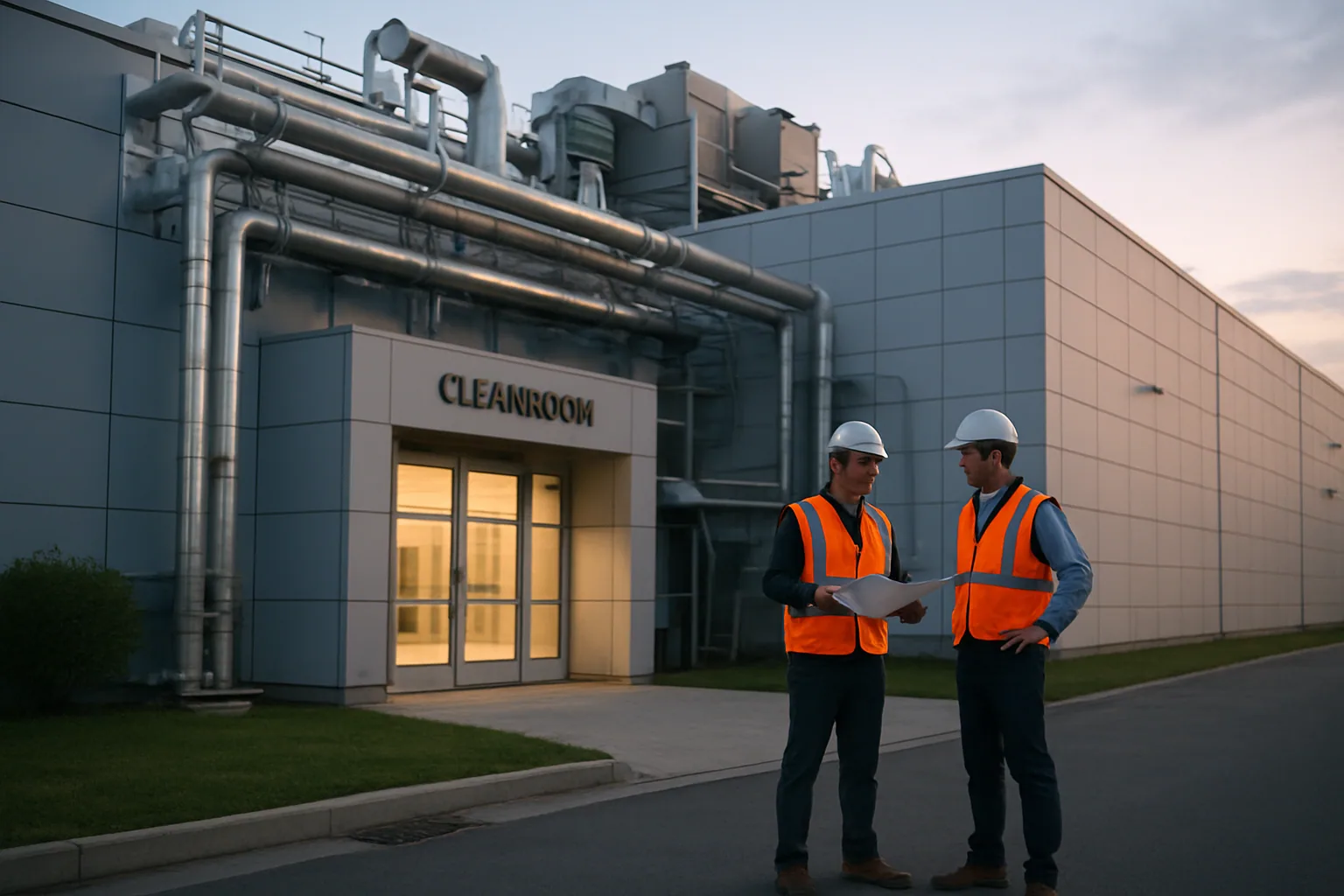 Una planta de semiconductores con chimeneas, tuberías y personal con casco en un pasillo industrial, ilustrando la presión por fabricar chips en Estados Unidos.