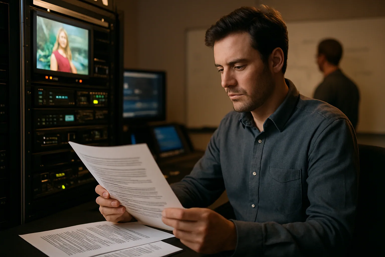 Un ingeniero de video revisa documentación técnica impresa junto a un monitor de control en una sala de transmisión.