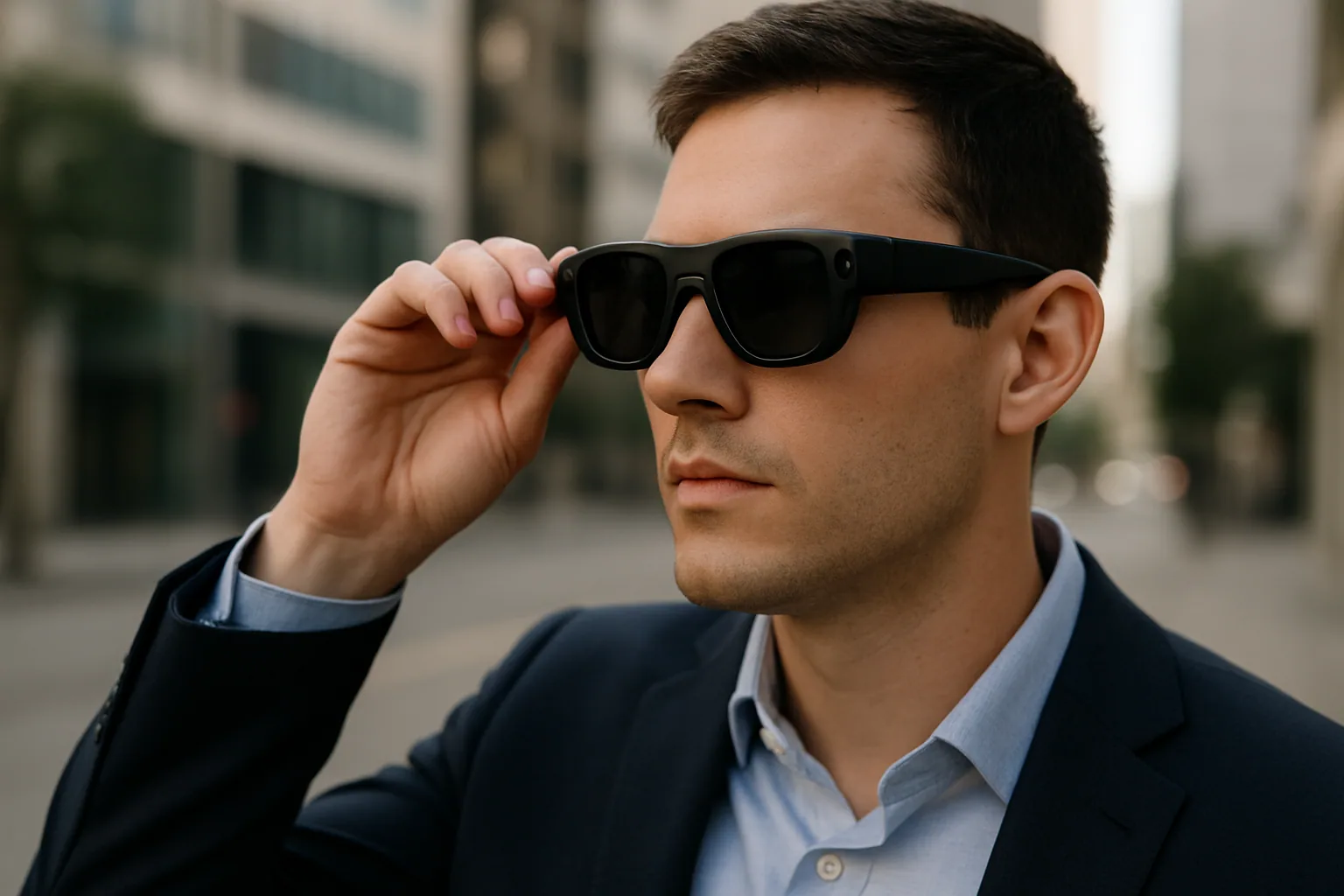 Una persona sostiene unas gafas AR de Snap mientras revisa la interfaz en una calle urbana moderna.