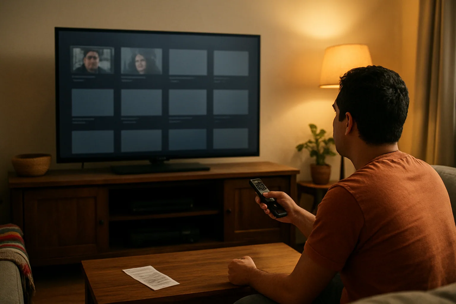 Una persona revisa una biblioteca de películas digitales en una televisión del hogar mientras ve que varios títulos ya no están disponibles.