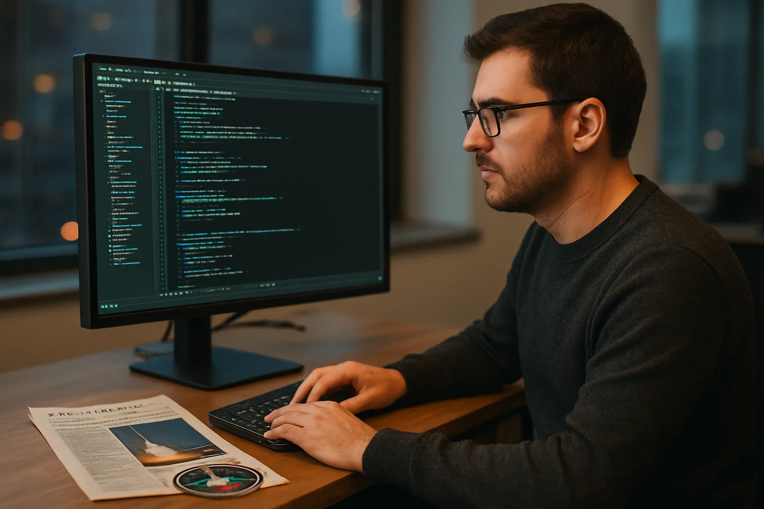 Una persona revisa código en una pantalla grande dentro de una oficina moderna mientras una noticia financiera aparece en un monitor al fondo.