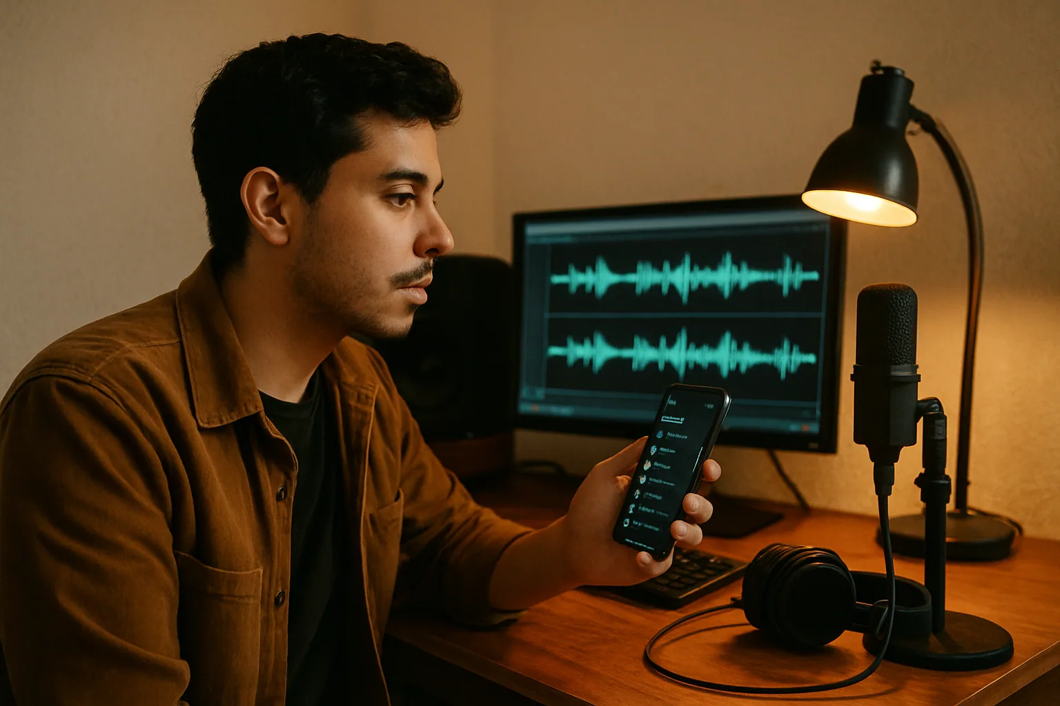 Una persona revisa una playlist de Spotify en el celular mientras al fondo se ve un estudio de grabación con micrófono y audífonos.
