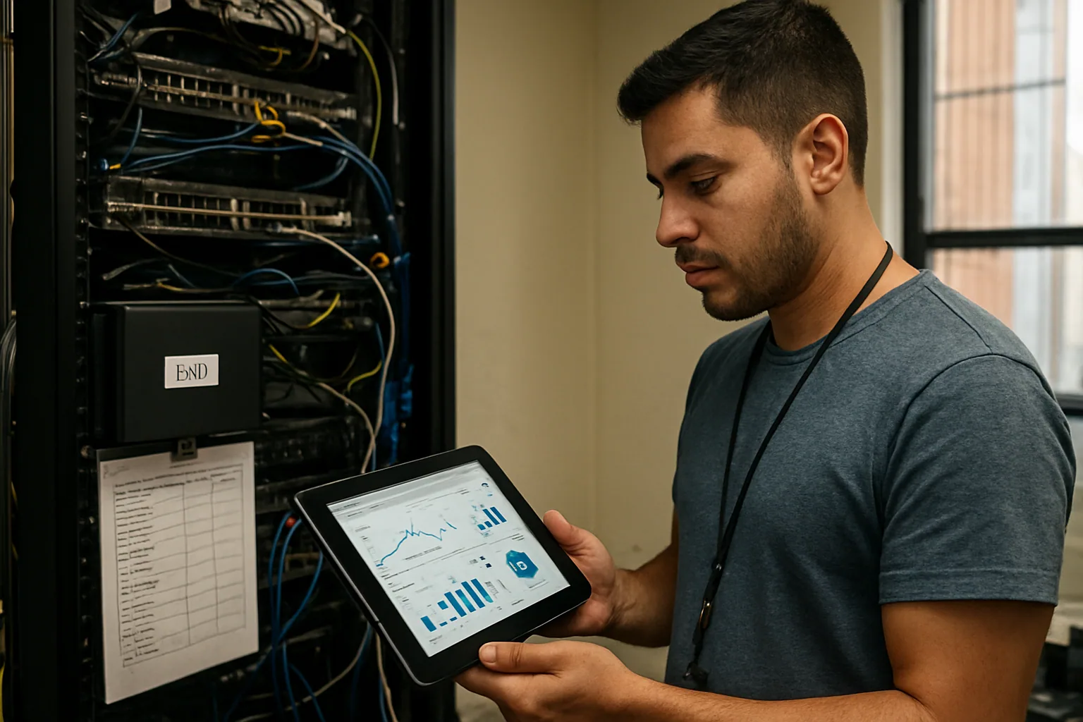 Una persona revisa un servidor pequeño y una consola con archivos de base de datos SQLite en un cuarto de equipos iluminado por luz natural.