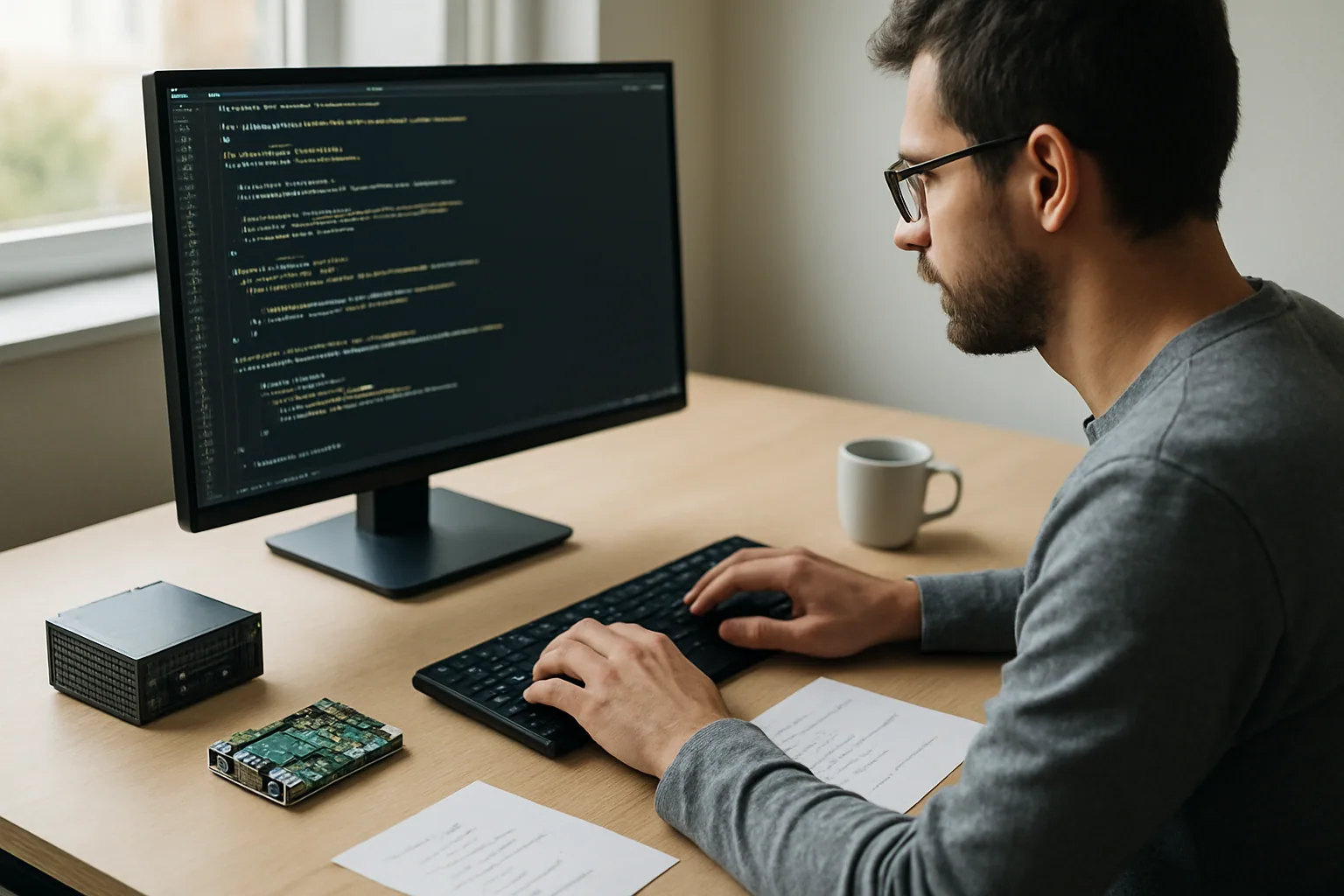 Un desarrollador revisa código Go en una terminal mientras una pequeña placa embebida y un servidor compacto aparecen sobre un escritorio de trabajo.