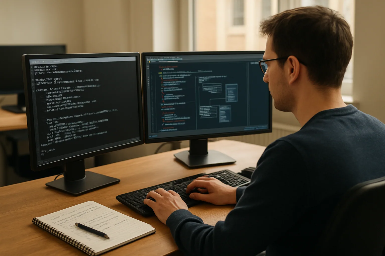 Una persona revisa una base de datos en una terminal mientras en otra pantalla se ve un editor con una tabla SQLite y columnas tipadas.