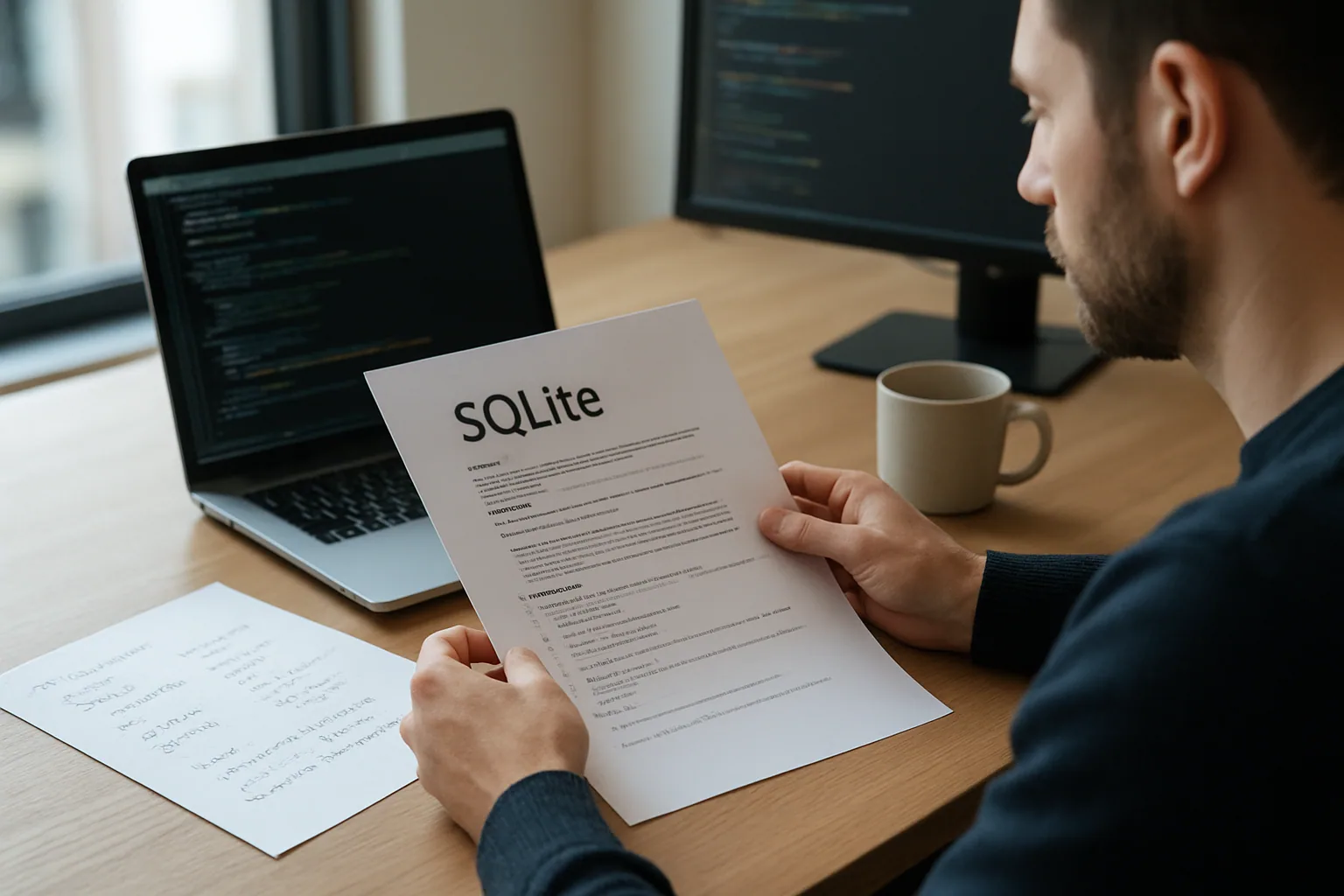 Una persona revisa documentación técnica sobre SQLite impresa junto a una laptop abierta con código y notas adhesivas en un escritorio de oficina.