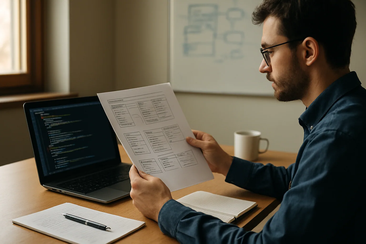 Una persona revisa documentación técnica de SQLite en una pantalla mientras trabaja en una mesa con cuadernos y una laptop abierta al lado.