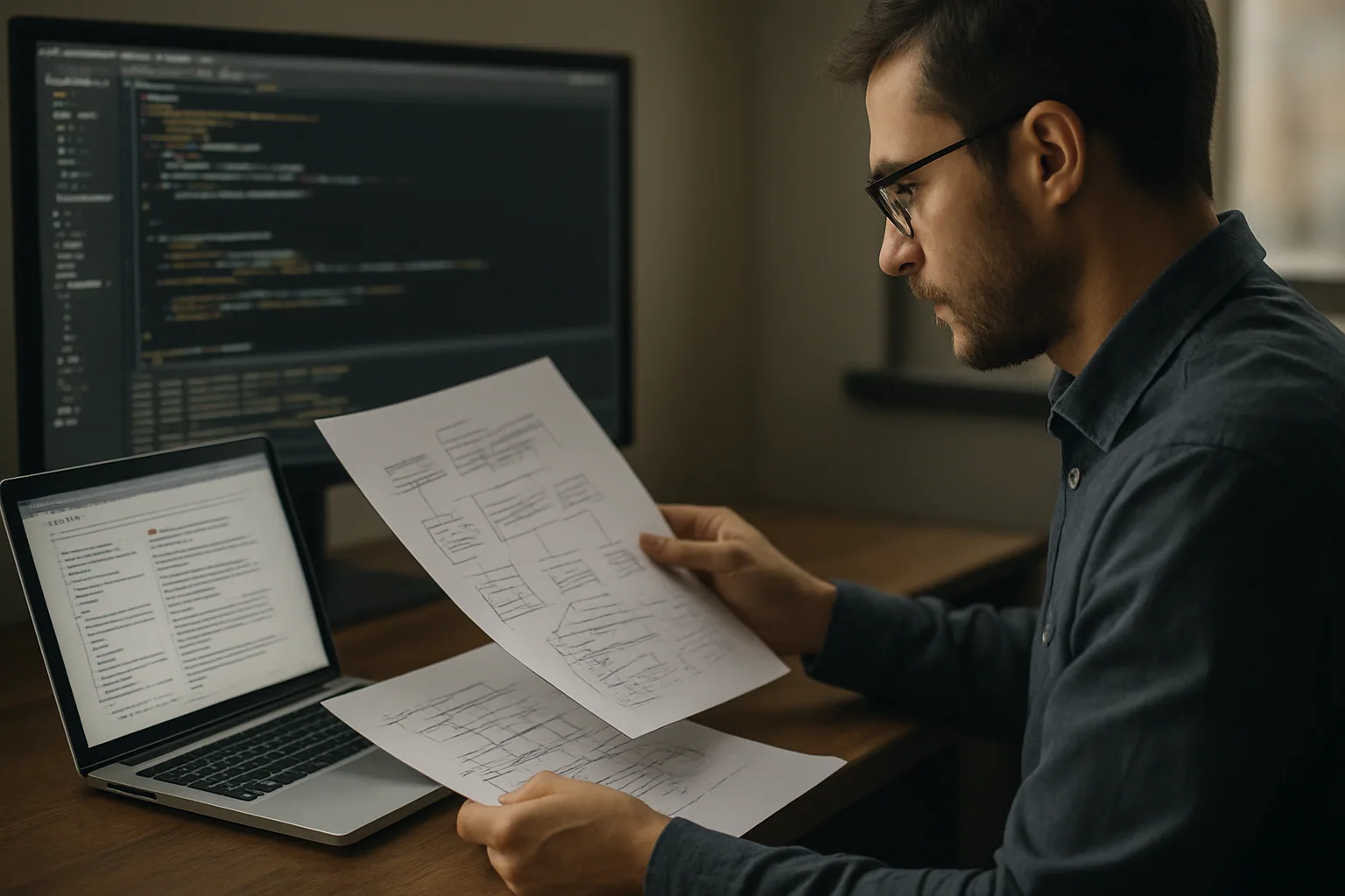 Una persona revisa diagramas y notas técnicas sobre una mesa con una laptop abierta, mientras al fondo se ve una pantalla con código y documentación de SQLite.