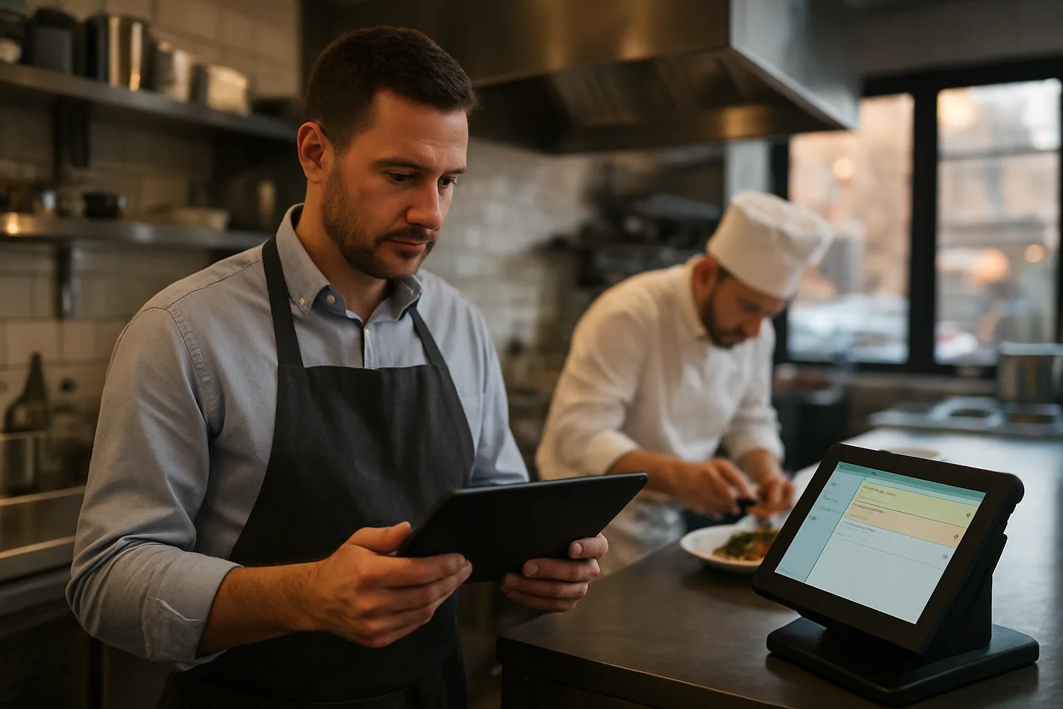 Un restaurante recibe pedidos en una pantalla de punto de venta mientras una persona revisa una tablet con el menú y otra atiende la cocina al fondo.