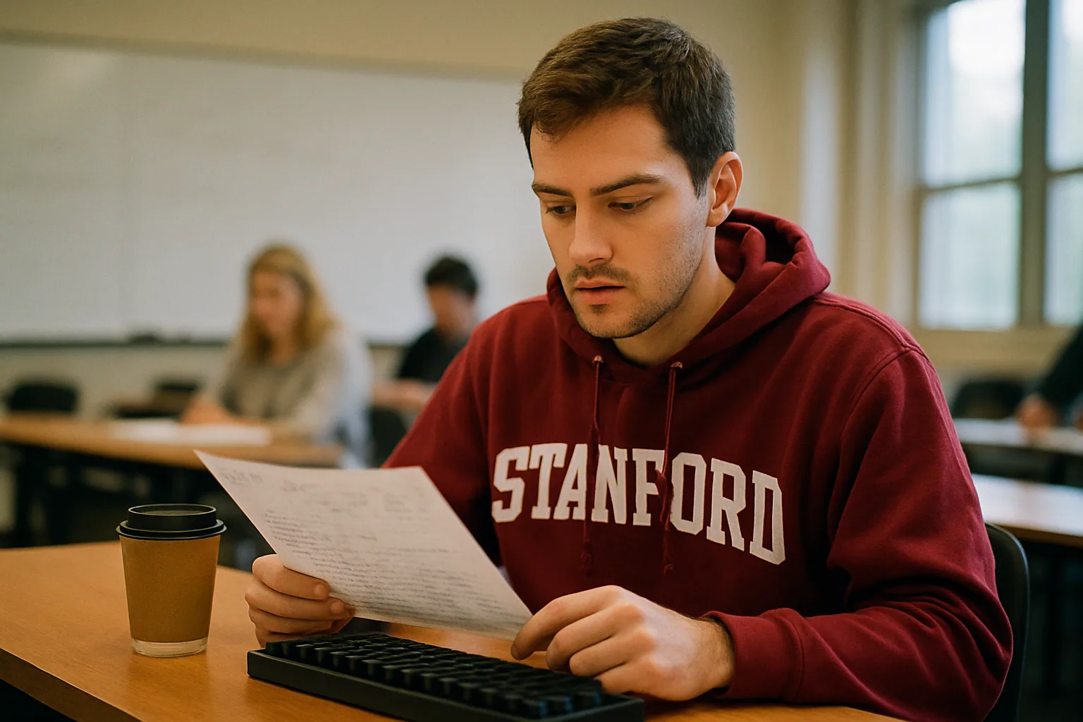 Una persona revisa en una pantalla las instrucciones de un curso de Stanford mientras toma notas en un escritorio de trabajo.