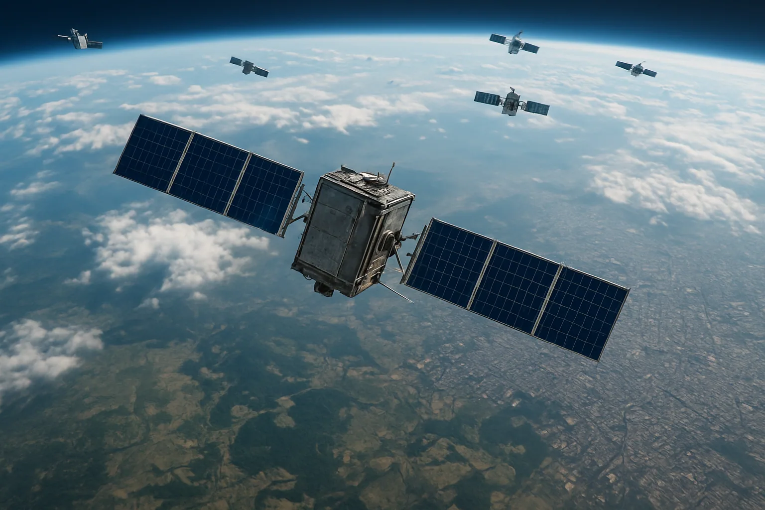 Un satélite Starlink sobre la Tierra con una ciudad y zonas rurales visibles en contraste, mostrando la idea de ampliar la conectividad global.