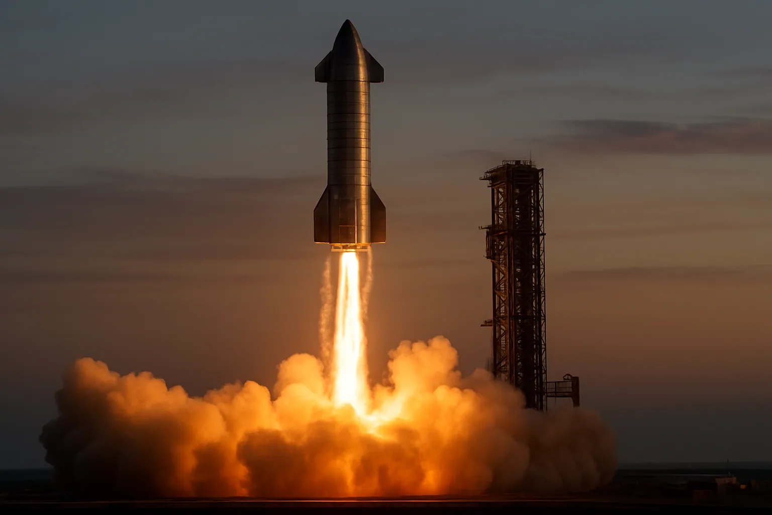 Un cohete Starship despega desde una plataforma de lanzamiento mientras una columna de humo y fuego ilumina el cielo al atardecer.