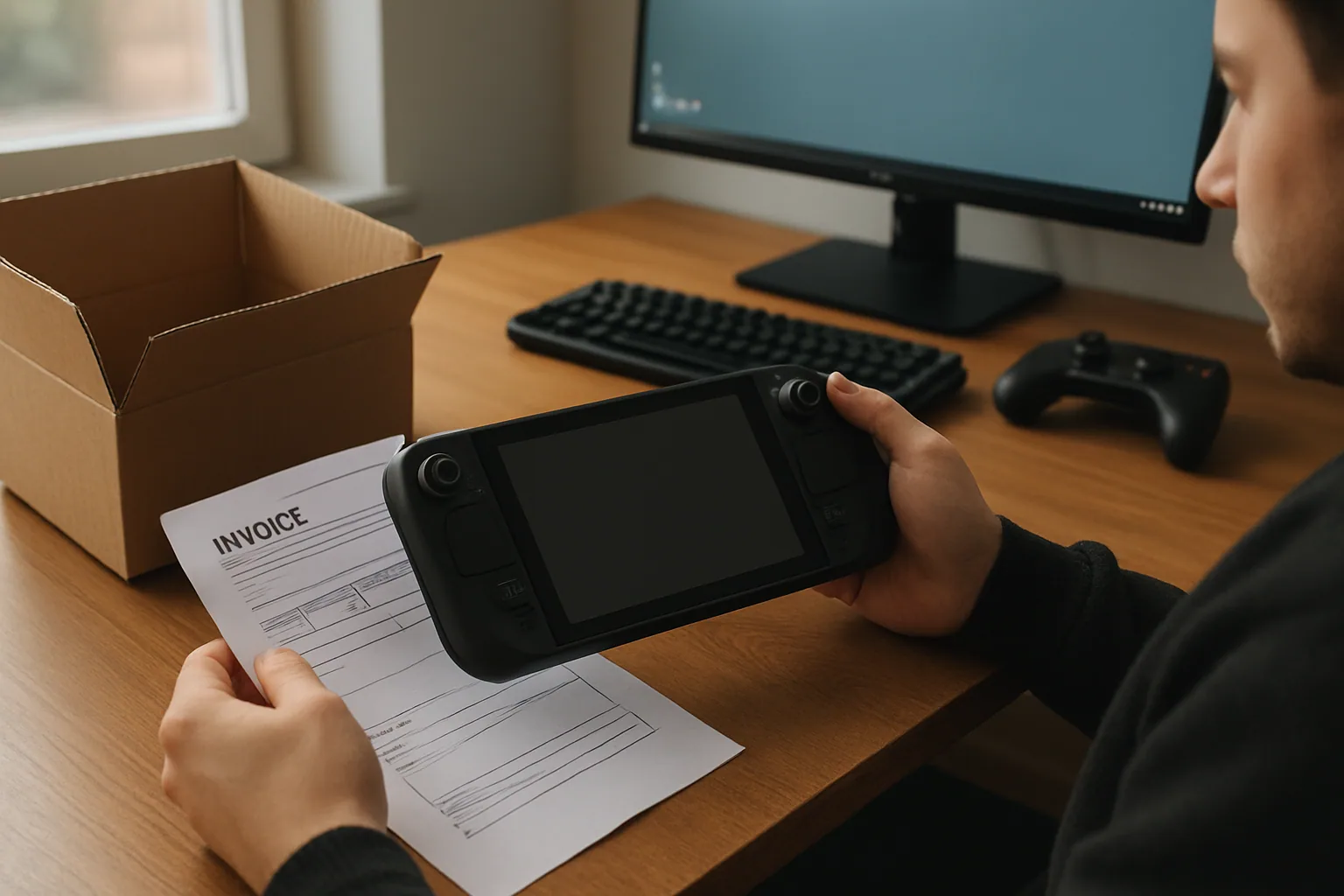 Una persona sostiene un Steam Deck en una mesa de trabajo junto a una caja de envío, un control y un monitor encendido, con ambiente de oficina y luz natural.