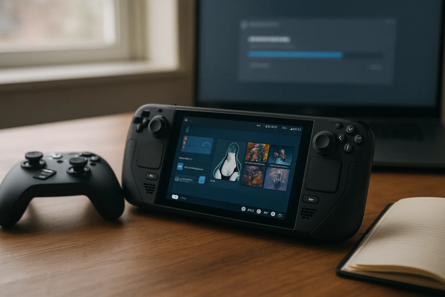 Una Steam Deck sobre una mesa junto a un mando y una notebook abierta con la página de notas de SteamOS 3.8 en pantalla.