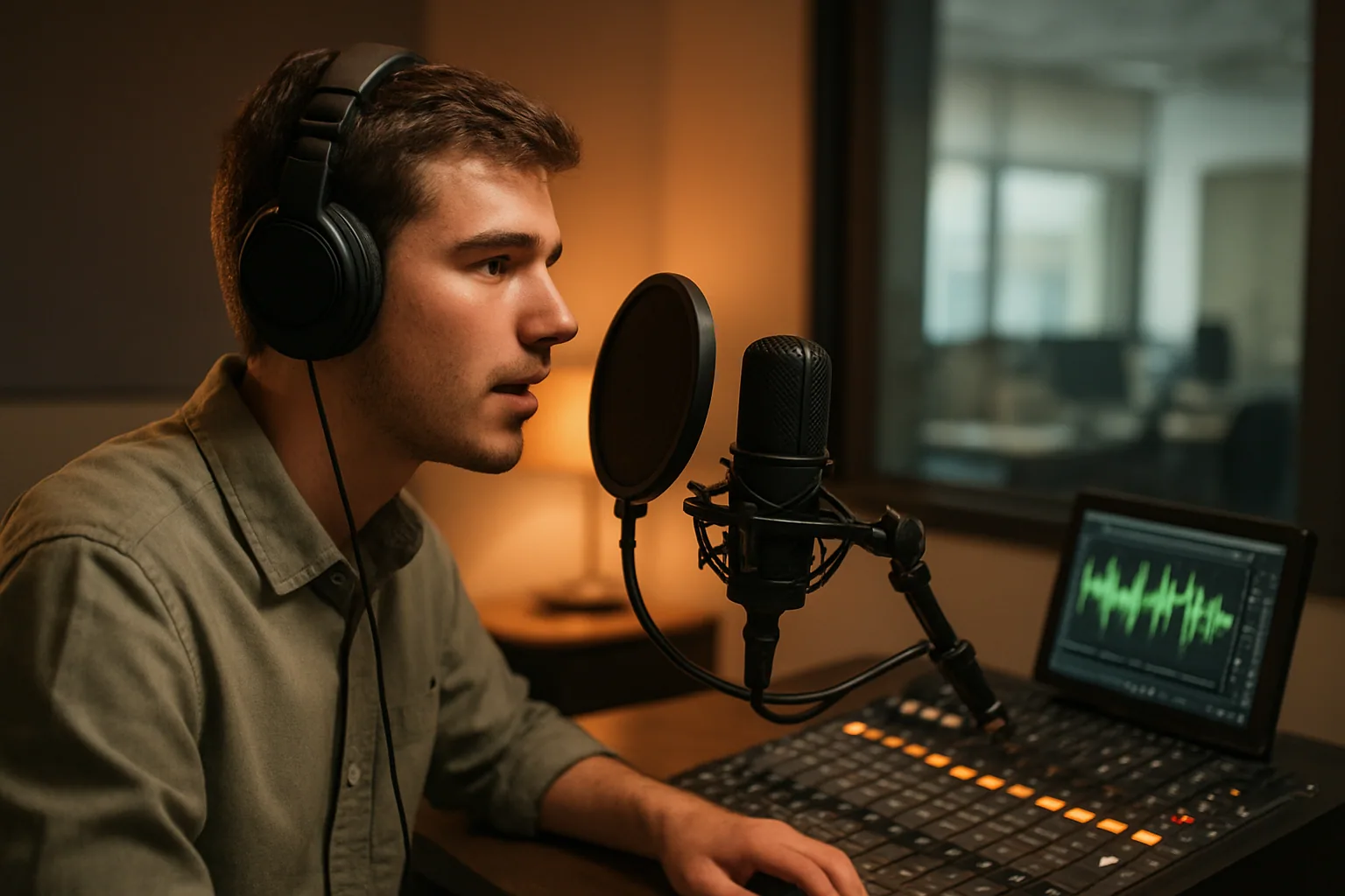 Una persona habla frente a un micrófono en un estudio pequeño mientras una consola muestra niveles de audio y señales de voz en tiempo real.