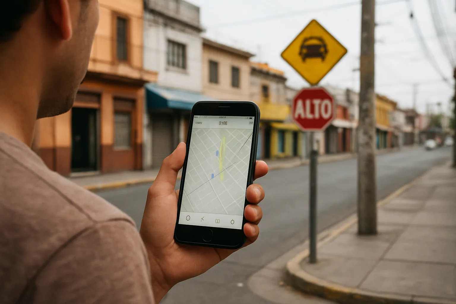 Una persona usa StreetComplete en un celular mientras revisa un mapa con capas de calles y puntos de interés en una ciudad latinoamericana.