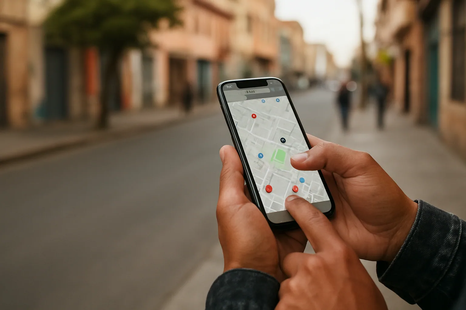 Una persona usa StreetComplete en un teléfono móvil mientras camina por una calle urbana, con un mapa abierto y puntos de edición visibles en la pantalla.