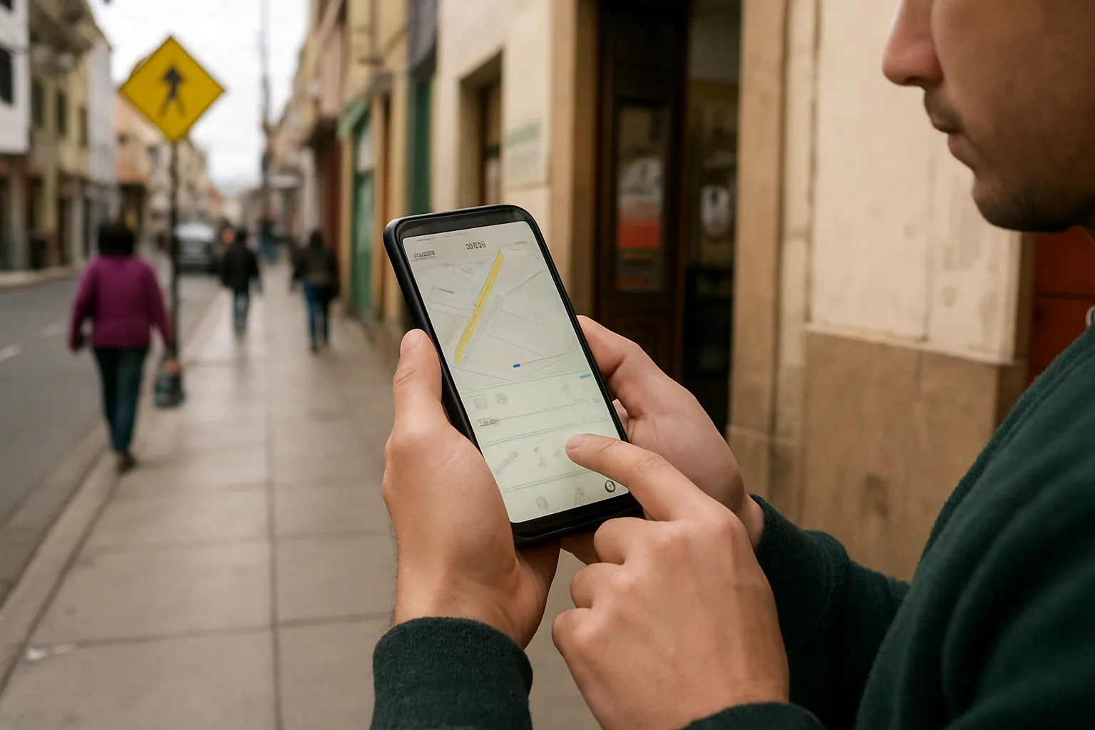 Una persona usa StreetComplete en un teléfono Android mientras camina por una calle urbana y completa una tarea de mapa sobre el acceso de un edificio.