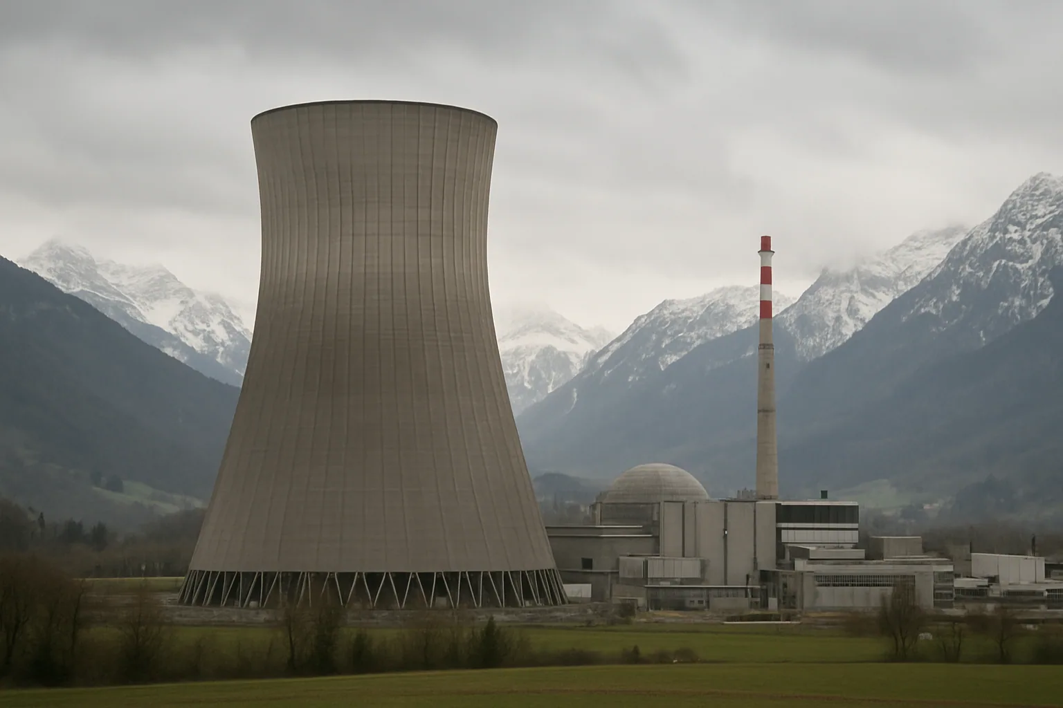 Un reactor nuclear junto a un paisaje alpino en Suiza, con una torre de enfriamiento visible al fondo y cielo nublado.