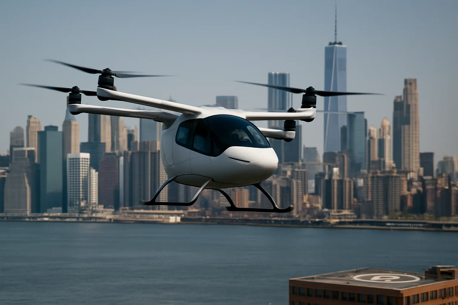 Un taxi aéreo eléctrico de despegue vertical vuela sobre el río Hudson con el skyline de Manhattan al fondo durante una prueba diurna.