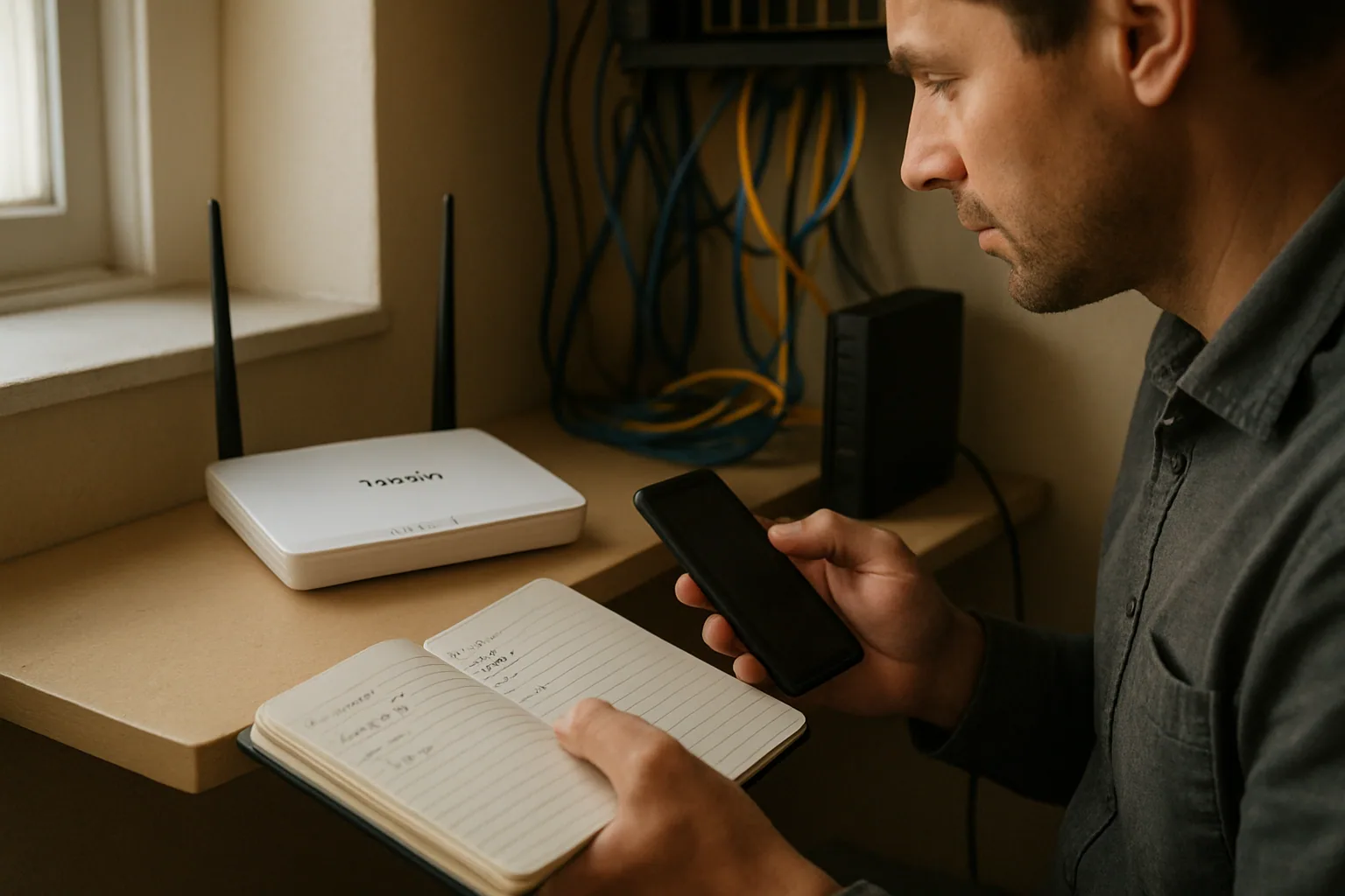 Un técnico revisa la configuración de un router Tenda en una oficina pequeña mientras verifica la versión de firmware en una pantalla de diagnóstico.