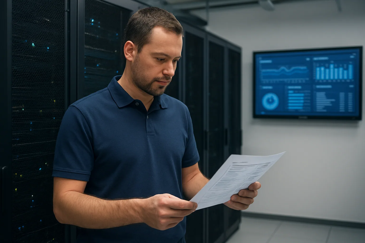 Un centro de datos con racks de servidores y un técnico revisando una consola de monitoreo mientras se ve una sala de operaciones empresarial.