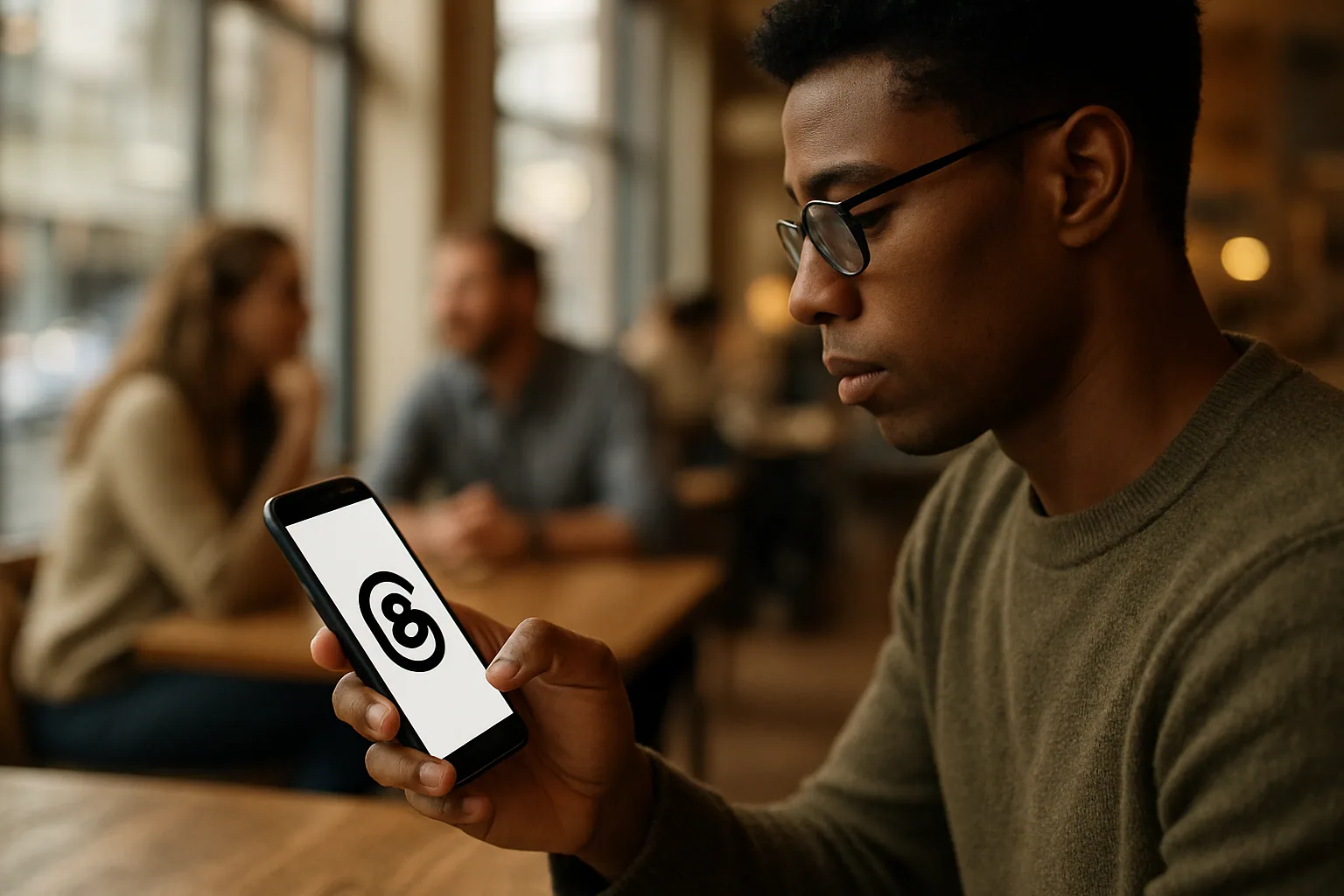 Una persona mira un teléfono con la app Threads abierta mientras conversa en un café moderno, con otras personas al fondo usando sus móviles.