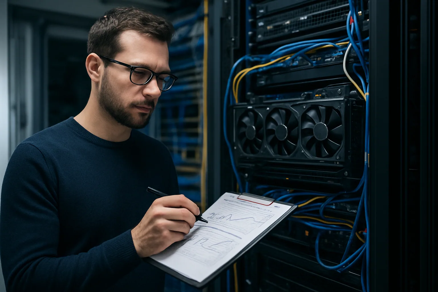 Un ingeniero revisa métricas de inferencia en un servidor con GPU en una sala de datos, con cables y racks visibles al fondo.