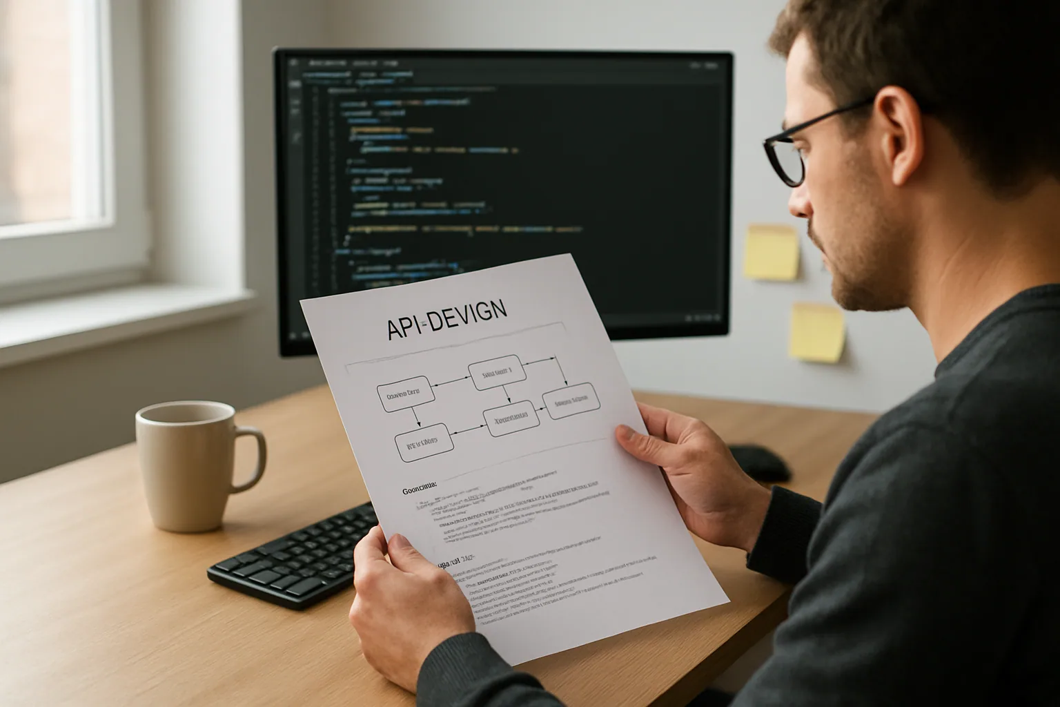 Una persona revisa código de Python en una pantalla con notas de diseño de API al lado, en un escritorio de trabajo real.
