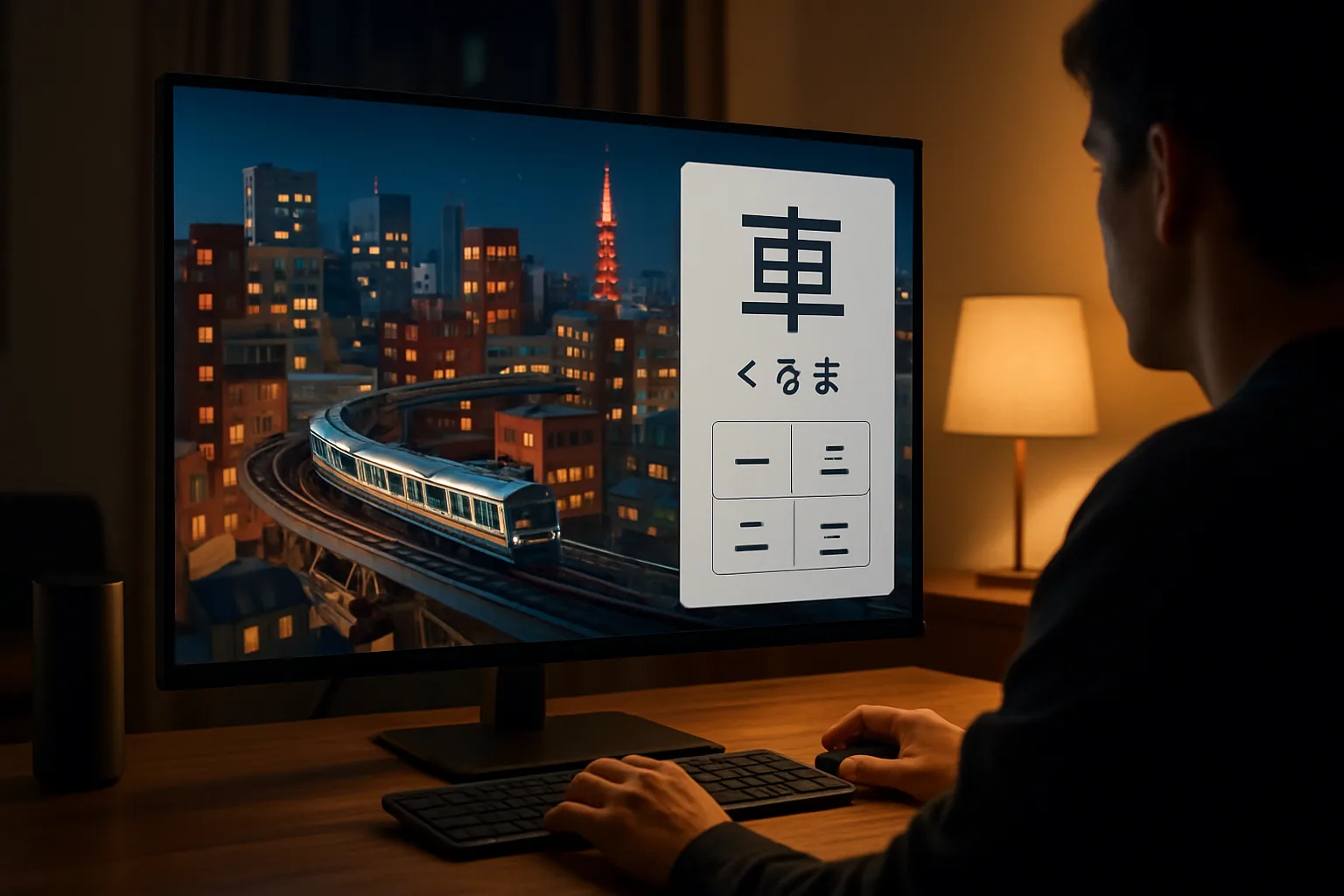 Pantalla de una demo voxel de Tokio con trenes circulando por la Yamanote line, edificios cúbicos y una interfaz web con datos en tiempo real.