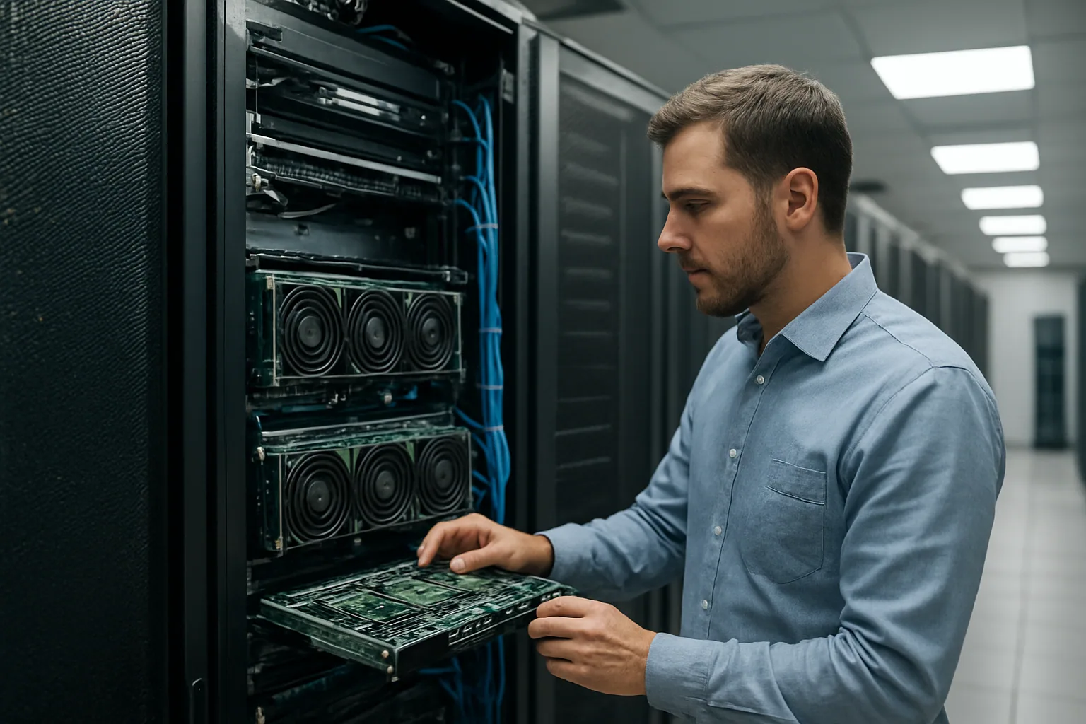 Un rack de servidores en un centro de datos de AWS con un técnico revisando hardware de entrenamiento de IA.