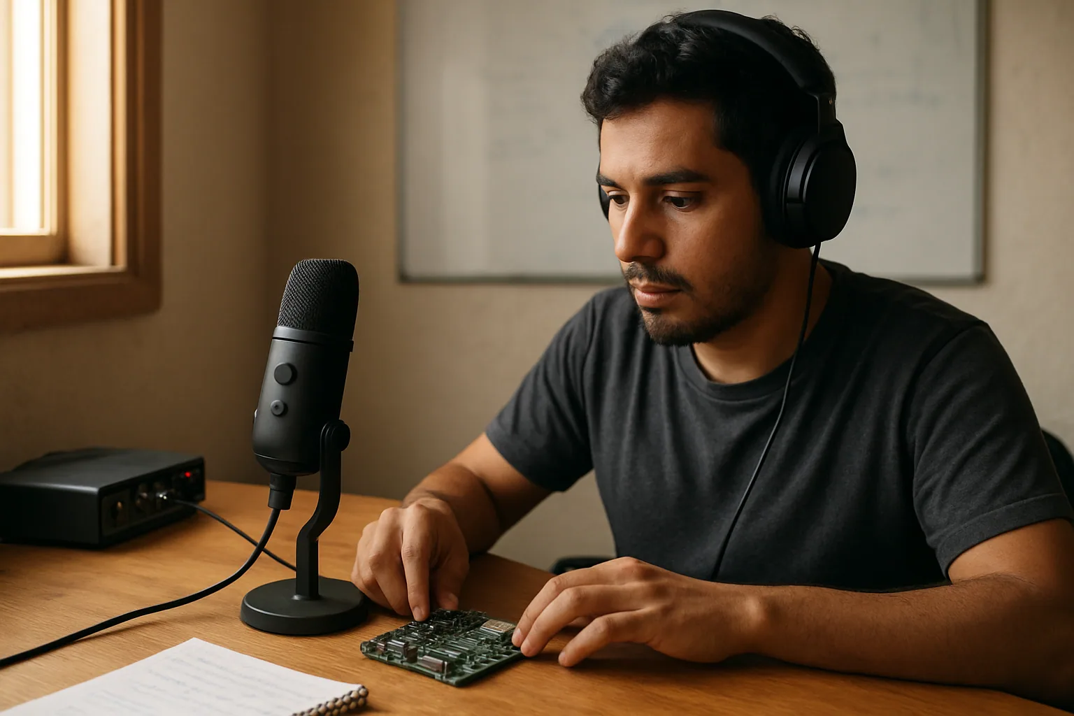 Una persona trabaja frente a una pequeña estación de audio con micrófono USB, auriculares y una placa de desarrollo sobre un escritorio de madera, mientras revisa una transcripción en una pantalla secundaria.
